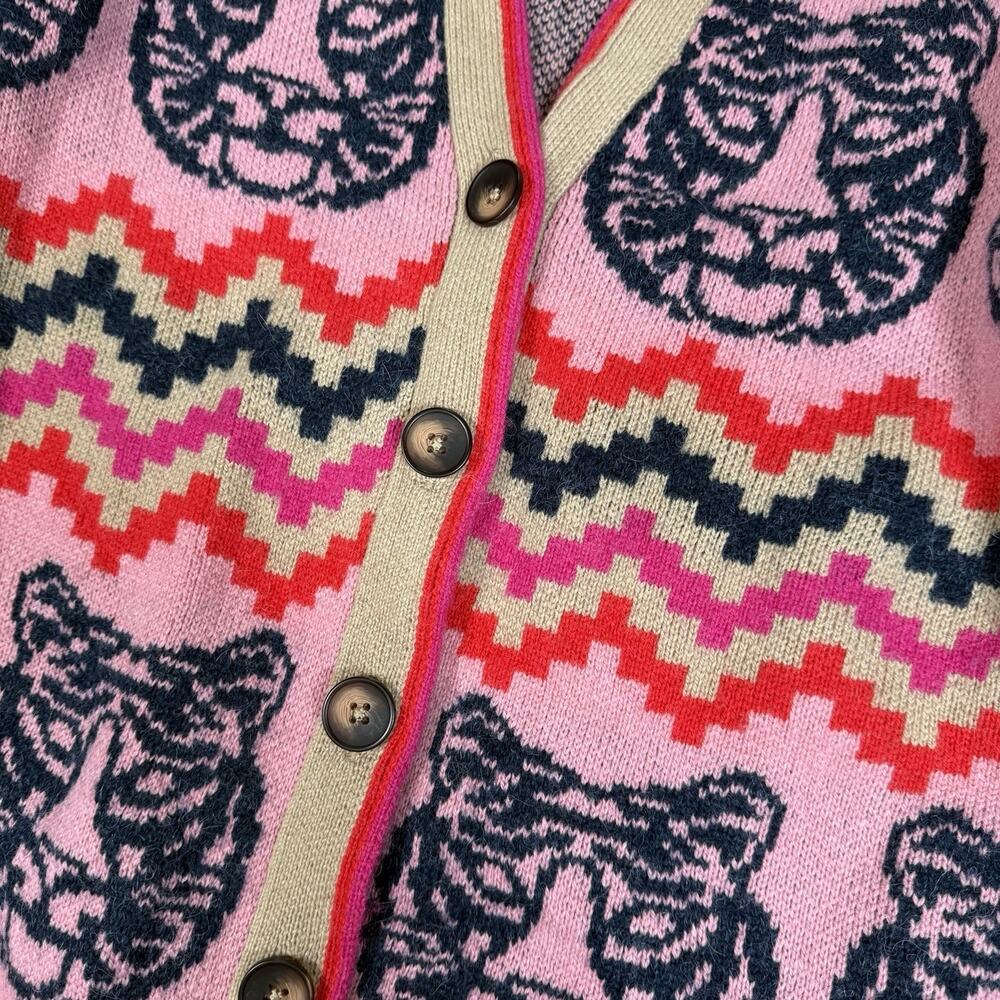 Boden Quinn Boyfriend Cardigan Tiger Pink Red Black Tan Fair Isle Intarsia Sz S - Picture 3 of 8